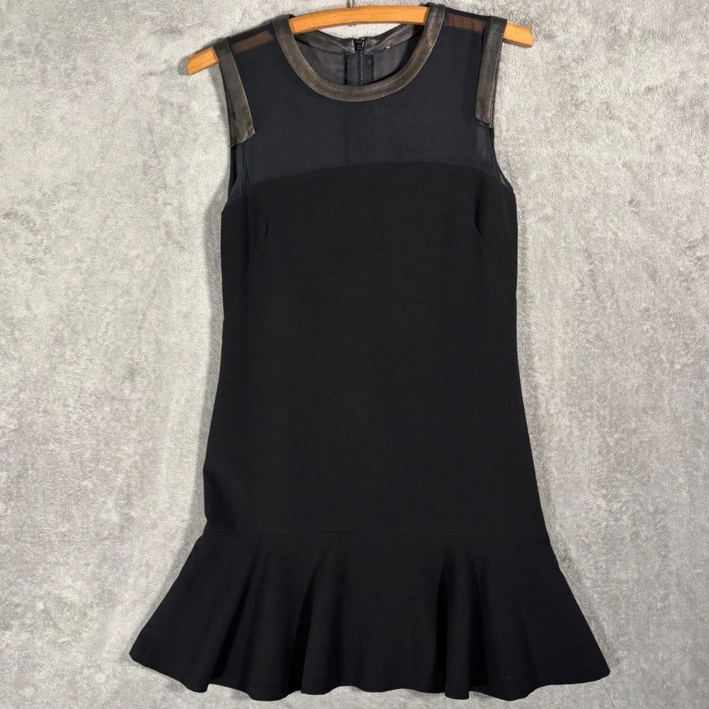 Sandro Paris‎ Black Mesh Yoke Flounce Hem Mini Dress Size S Metallic Bronze Trim